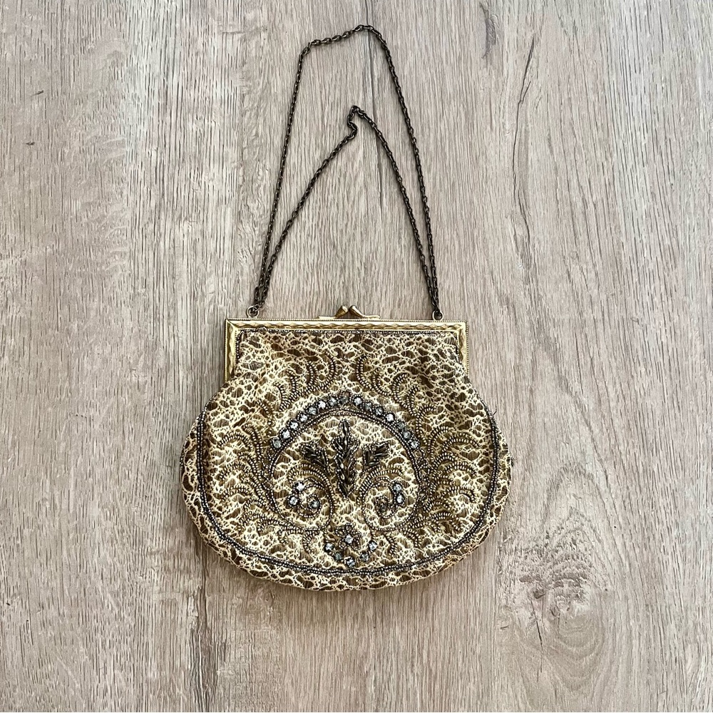 Antique Gold‎ Beaded Art Deco 1920s Clutch Purse Evening Bag - Party Wedding